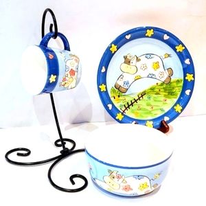 Children ceramic dish set. Masa Int.(?) VTG plate bowl and mug w/ cow hearts
